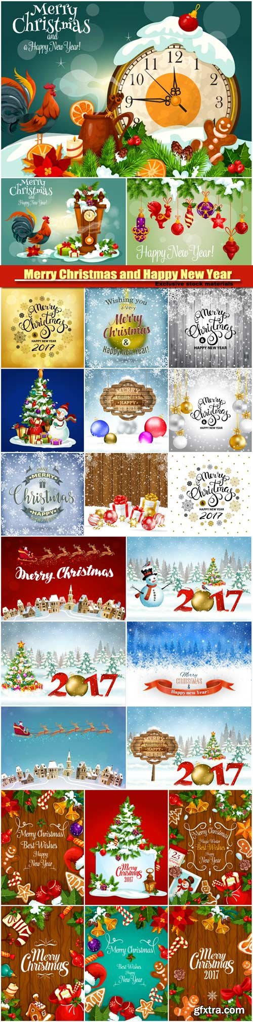 Merry Christmas and Happy New Year vector background, santa riding reindeer sleigh, gifts, christmas wreath, holly leaves