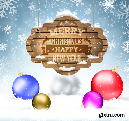 Merry Christmas and Happy New Year vector background, santa riding reindeer sleigh, gifts, christmas wreath, holly leaves