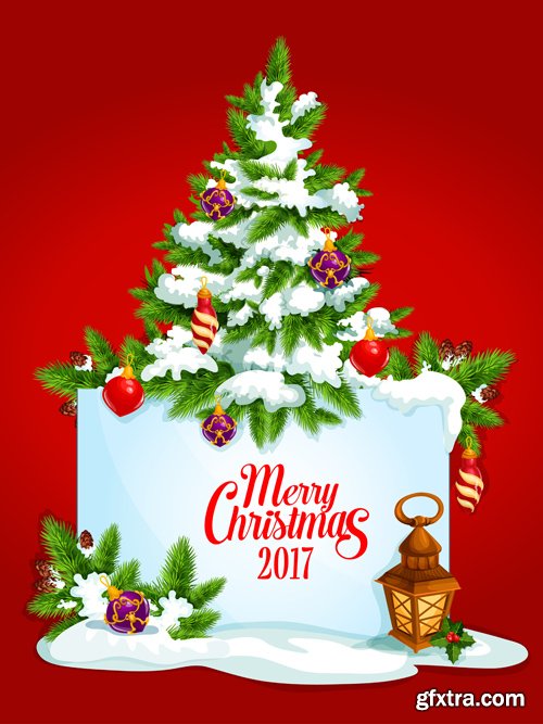 Merry Christmas and Happy New Year vector background, santa riding reindeer sleigh, gifts, christmas wreath, holly leaves