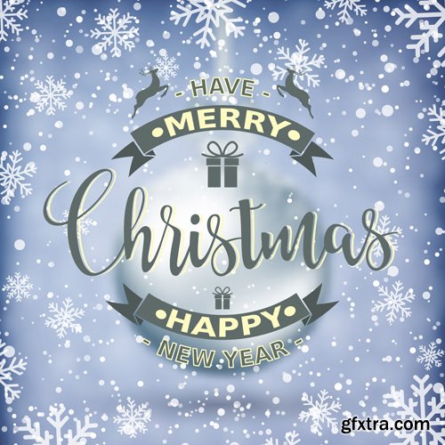 Merry Christmas and Happy New Year vector background, santa riding reindeer sleigh, gifts, christmas wreath, holly leaves