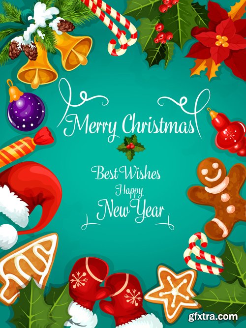 Merry Christmas and Happy New Year vector background, santa riding reindeer sleigh, gifts, christmas wreath, holly leaves