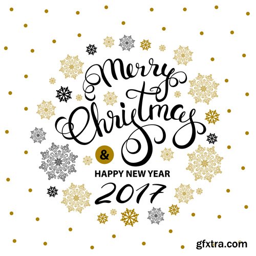 Merry Christmas and Happy New Year vector background, santa riding reindeer sleigh, gifts, christmas wreath, holly leaves