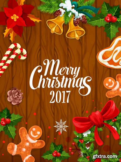 Merry Christmas and Happy New Year vector background, santa riding reindeer sleigh, gifts, christmas wreath, holly leaves