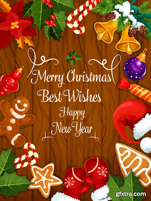 Merry Christmas and Happy New Year vector background, santa riding reindeer sleigh, gifts, christmas wreath, holly leaves