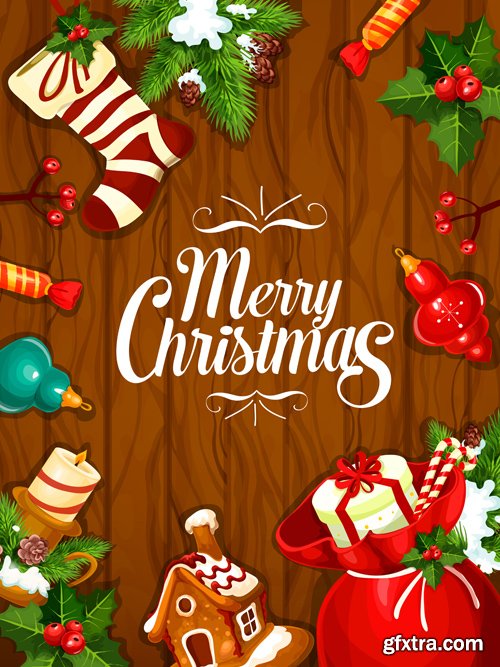 Merry Christmas and Happy New Year vector background, santa riding reindeer sleigh, gifts, christmas wreath, holly leaves