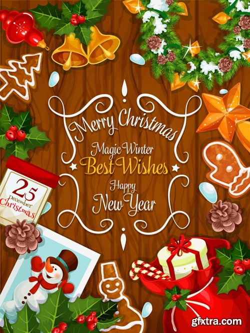 Merry Christmas and Happy New Year vector background, santa riding reindeer sleigh, gifts, christmas wreath, holly leaves