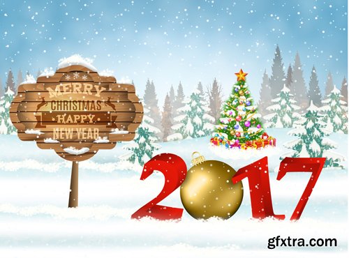 Merry Christmas and Happy New Year vector background, santa riding reindeer sleigh, gifts, christmas wreath, holly leaves