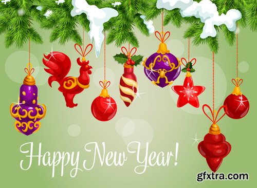 Merry Christmas and Happy New Year vector background, santa riding reindeer sleigh, gifts, christmas wreath, holly leaves