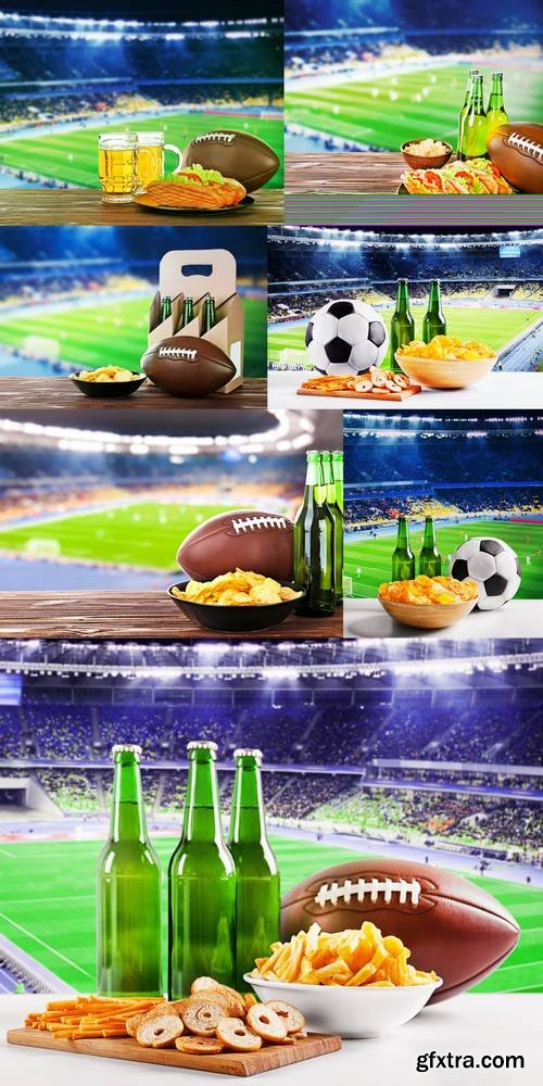 Beer with Snack and Ball on Table Against Football Field