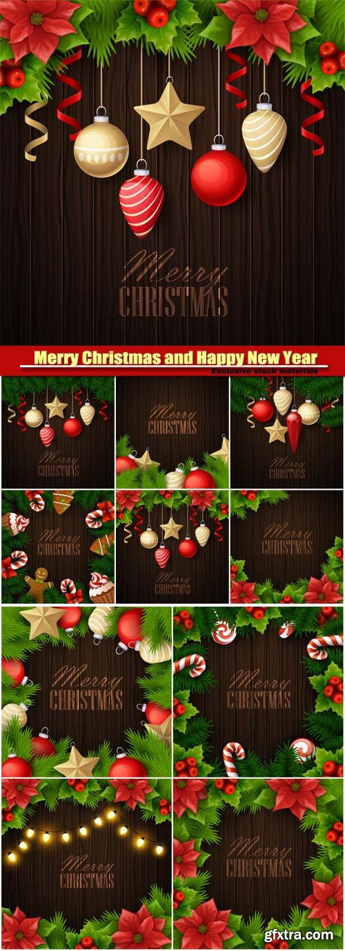 Merry Christmas and Happy New Year vector background, holiday celebration