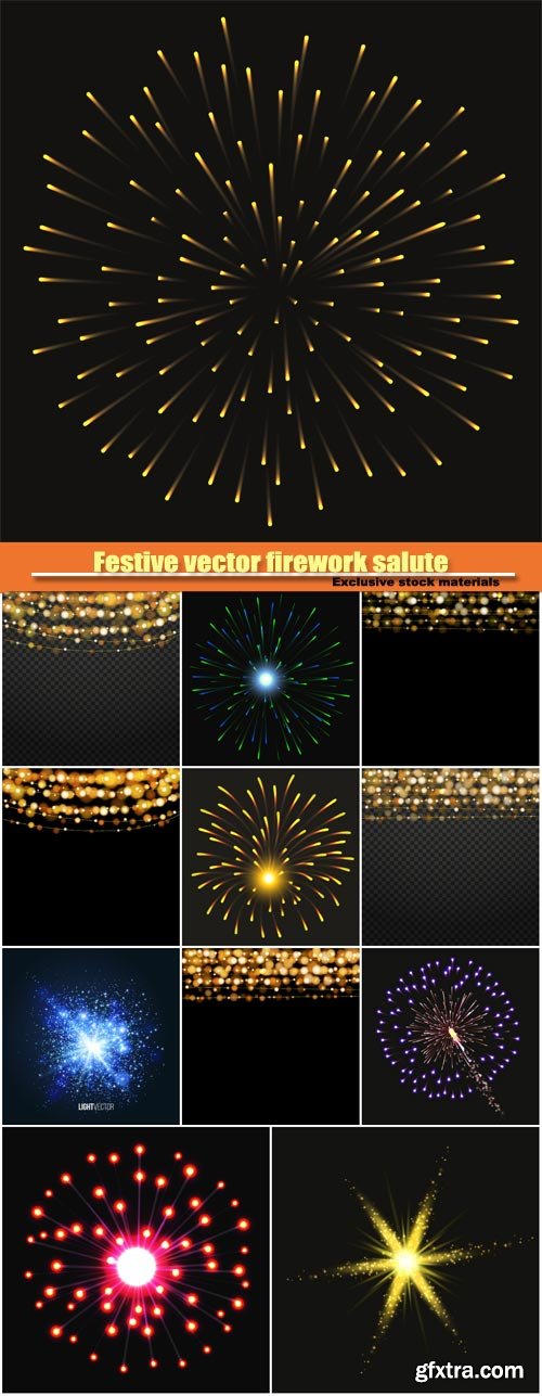 Festive vector firework salute, lights design elements background