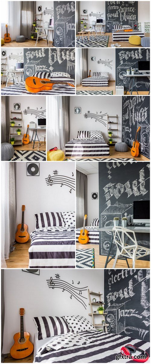 Bedroom decorated with music-related items - 9xUHQ JPEG Photo Stock