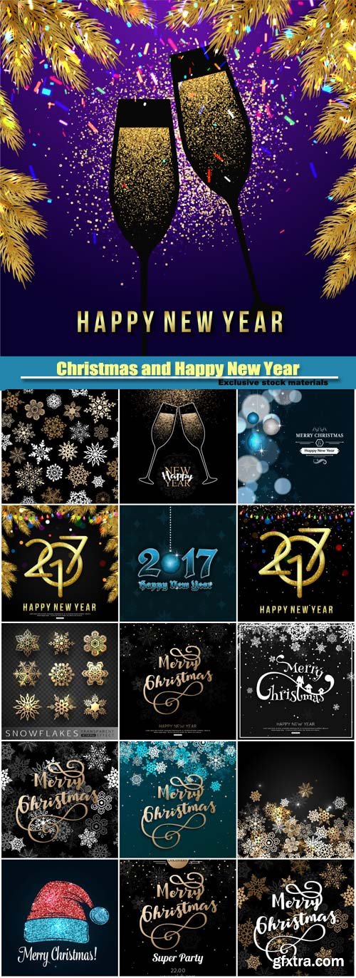 Merry Christmas and Happy New Year vector greeting card, background with gold snowflakes and champagne