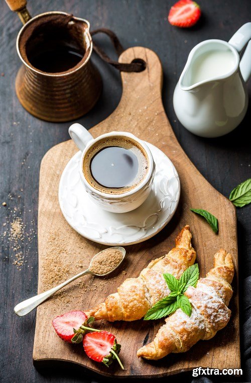 Breakfast with croissants & Tiramisu dessert in glasses with cinnamon - 16xUHQ JPEG Photo Stock