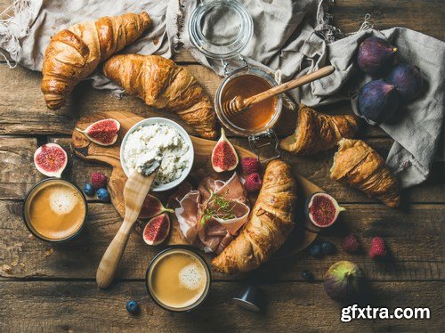 Breakfast with croissants & Tiramisu dessert in glasses with cinnamon - 16xUHQ JPEG Photo Stock