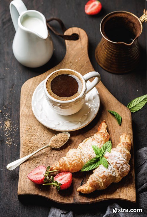 Breakfast with croissants & Tiramisu dessert in glasses with cinnamon - 16xUHQ JPEG Photo Stock