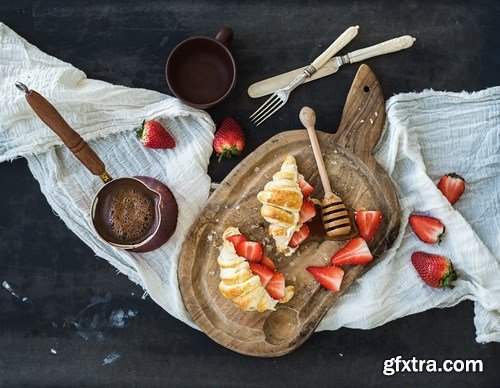 Breakfast with croissants & Tiramisu dessert in glasses with cinnamon - 16xUHQ JPEG Photo Stock