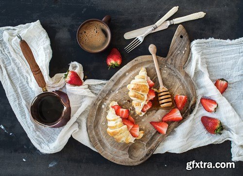 Breakfast with croissants & Tiramisu dessert in glasses with cinnamon - 16xUHQ JPEG Photo Stock