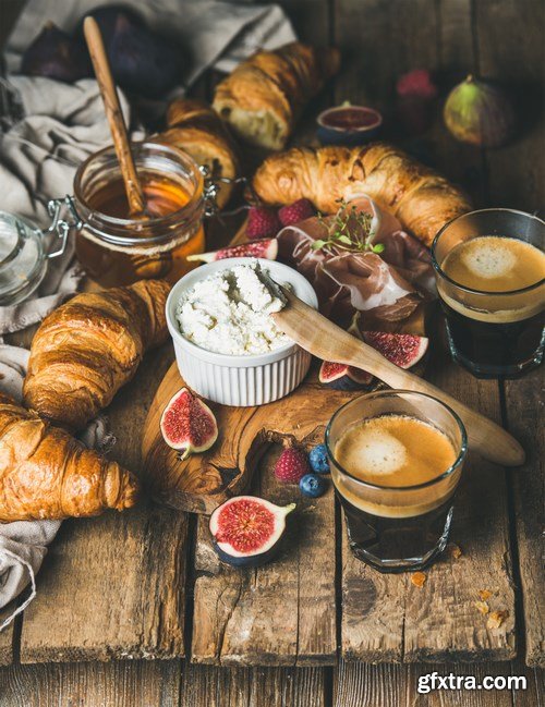 Breakfast with croissants & Tiramisu dessert in glasses with cinnamon - 16xUHQ JPEG Photo Stock