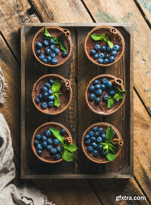 Breakfast with croissants & Tiramisu dessert in glasses with cinnamon - 16xUHQ JPEG Photo Stock