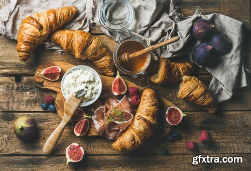 Breakfast with croissants & Tiramisu dessert in glasses with cinnamon - 16xUHQ JPEG Photo Stock