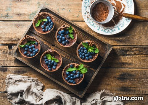 Breakfast with croissants & Tiramisu dessert in glasses with cinnamon - 16xUHQ JPEG Photo Stock