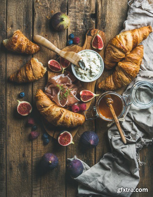 Breakfast with croissants & Tiramisu dessert in glasses with cinnamon - 16xUHQ JPEG Photo Stock