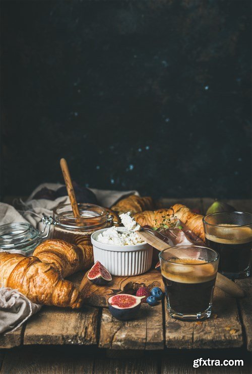 Breakfast with croissants & Tiramisu dessert in glasses with cinnamon - 16xUHQ JPEG Photo Stock