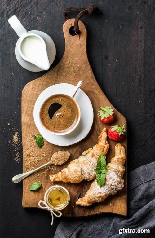 Breakfast with croissants & Tiramisu dessert in glasses with cinnamon - 16xUHQ JPEG Photo Stock