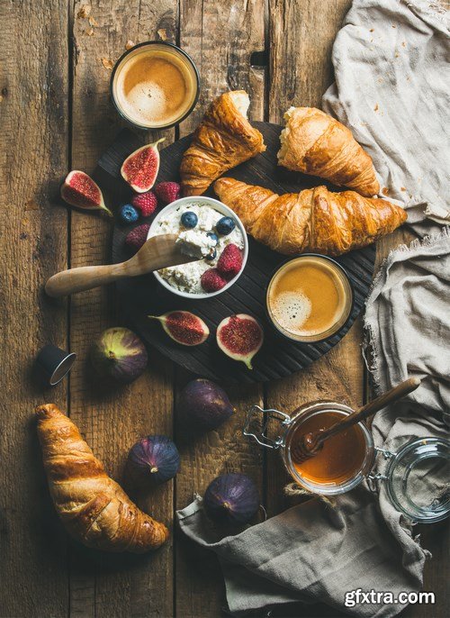 Breakfast with croissants & Tiramisu dessert in glasses with cinnamon - 16xUHQ JPEG Photo Stock