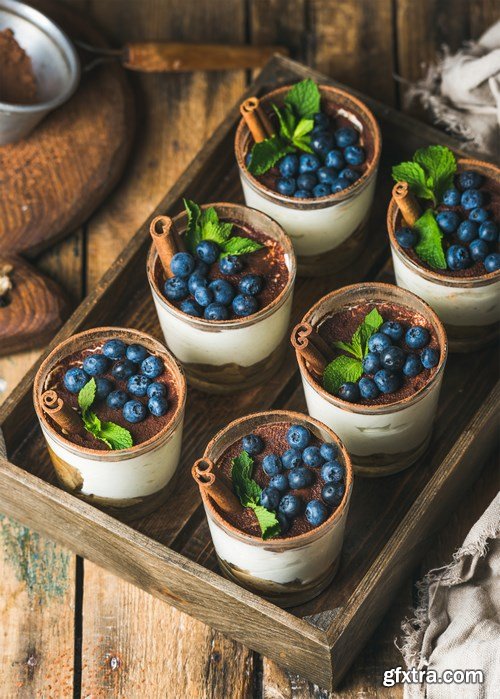 Breakfast with croissants & Tiramisu dessert in glasses with cinnamon - 16xUHQ JPEG Photo Stock