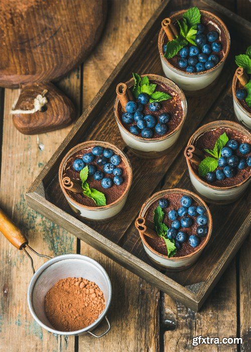 Breakfast with croissants & Tiramisu dessert in glasses with cinnamon - 16xUHQ JPEG Photo Stock