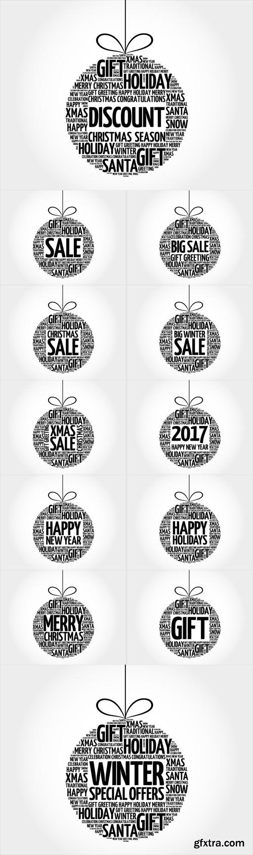 Vector Set - Winter Sale Christmas Ball Word Cloud, Holidays Lettering Collage