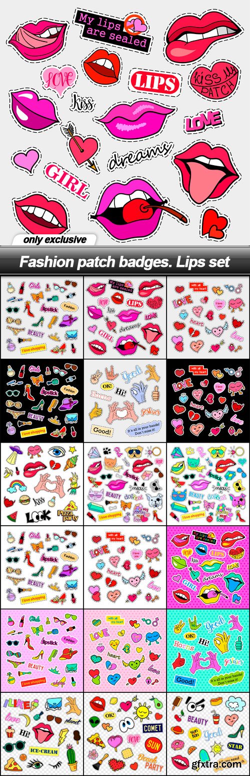 Fashion patch badges. Lips set - 18 EPS