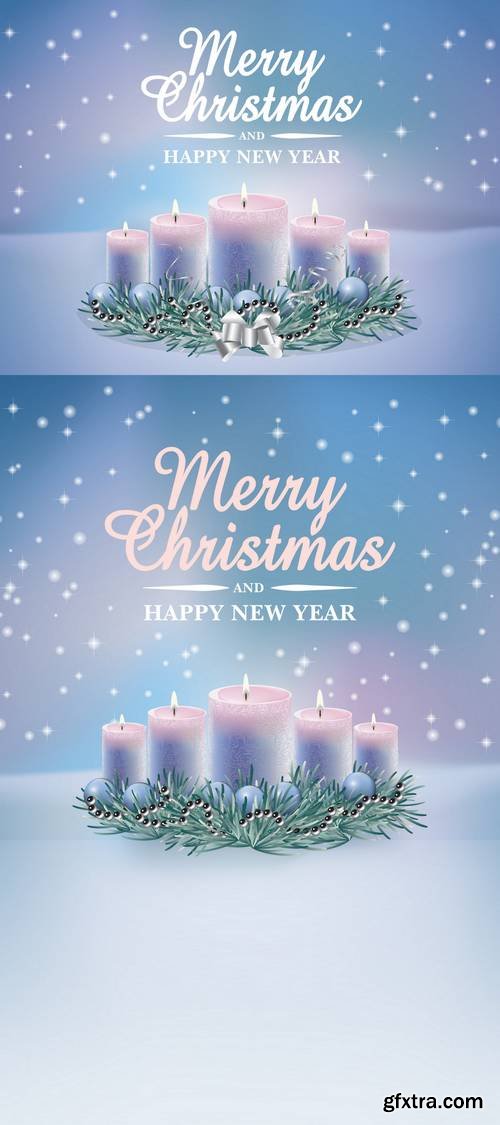 Christmas Decoration with Burning Candles on Magic Winter Background