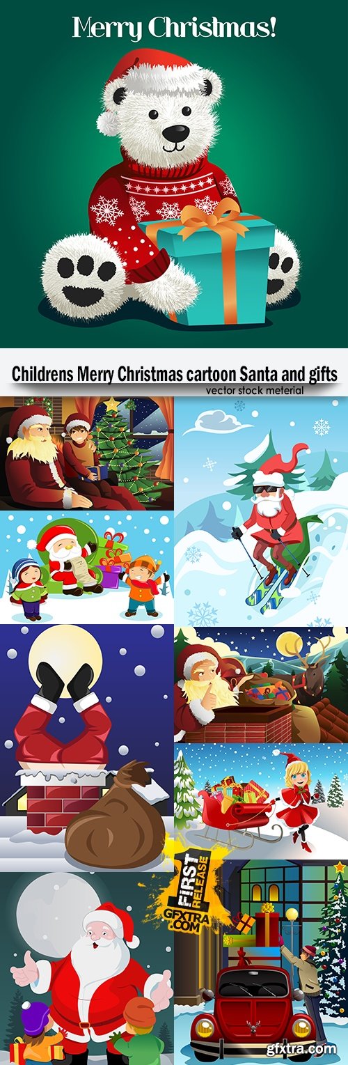 Childrens Merry Christmas cartoon Santa and gifts