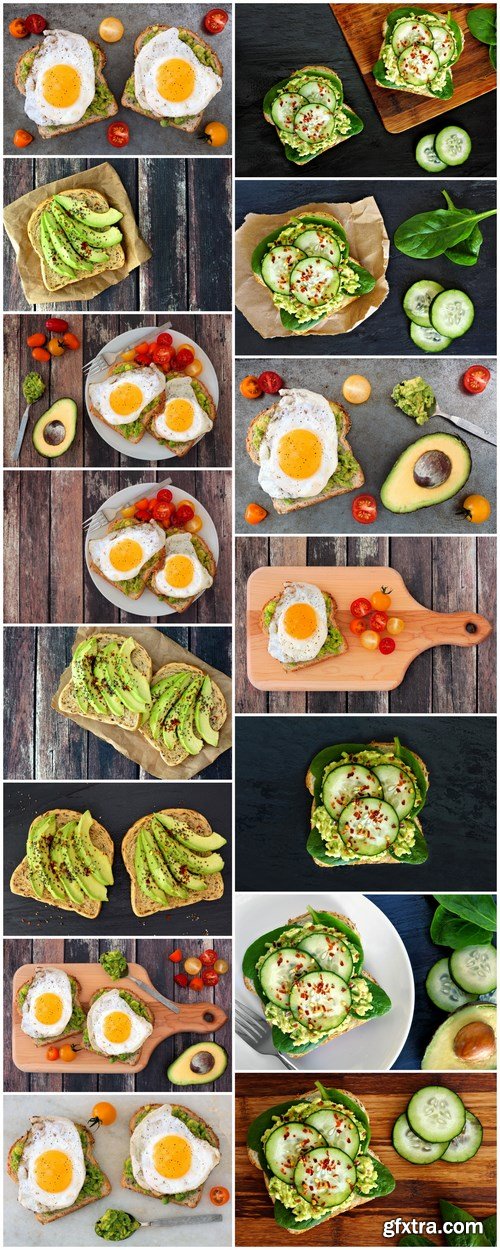 Healthy avocado, egg open sandwiches on a plate with cherry tomatoes on a rustic wood background - 15xUHQ JPEG