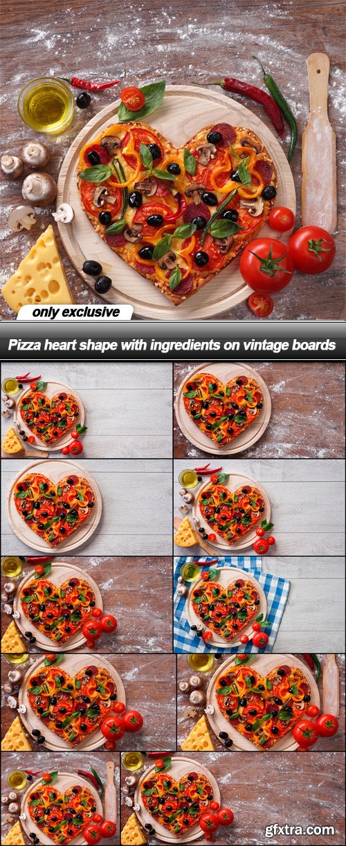 Pizza heart shape with ingredients on vintage boards - 10 UHQ JPEG