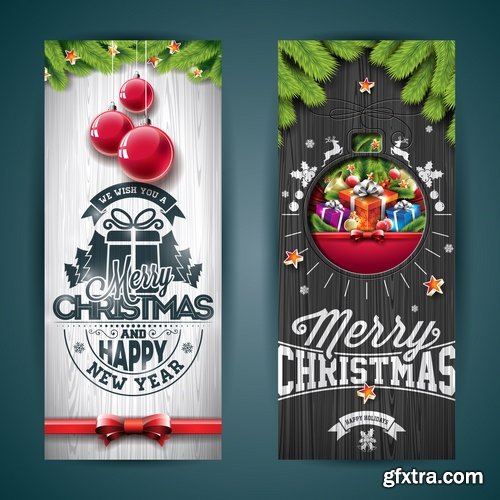 Collection banner flyer of New Year illustration Christmas decoration gift holiday tree toy logo 4-25 HQ Jpeg