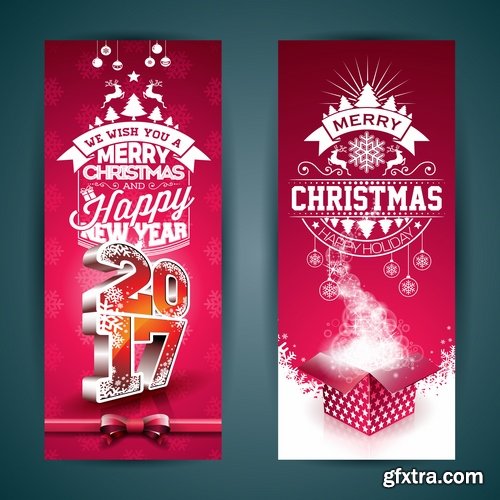 Collection banner flyer of New Year illustration Christmas decoration gift holiday tree toy logo 4-25 HQ Jpeg