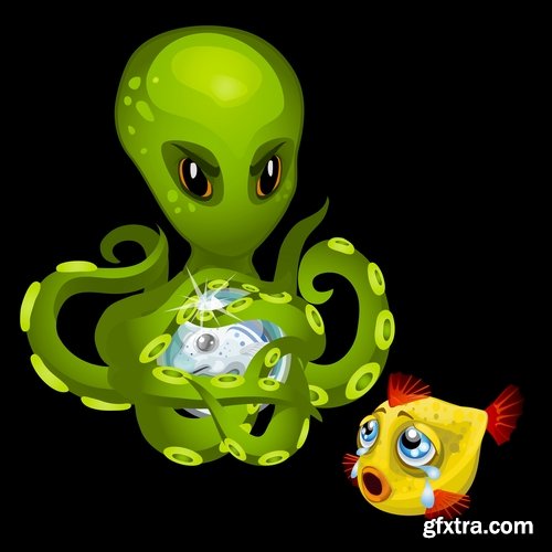 Collection of funny fish underwater inhabitant of the cartoon vector image 25 EPS