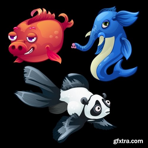 Collection of funny fish underwater inhabitant of the cartoon vector image 25 EPS