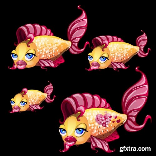 Collection of funny fish underwater inhabitant of the cartoon vector image 25 EPS