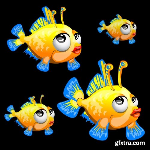 Collection of funny fish underwater inhabitant of the cartoon vector image 25 EPS