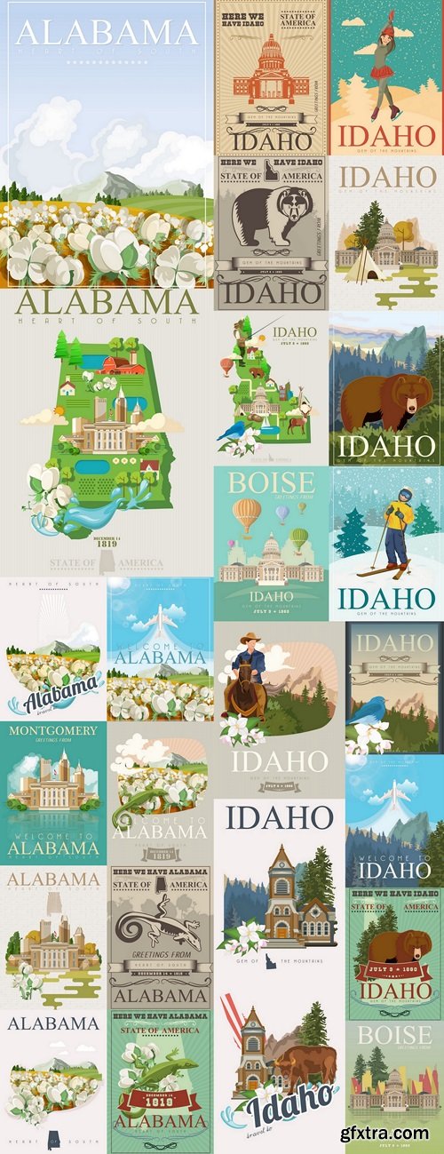 Alabama and Idaho vector poster. American travel banner. Illustration about United States of America. Background with USA theme