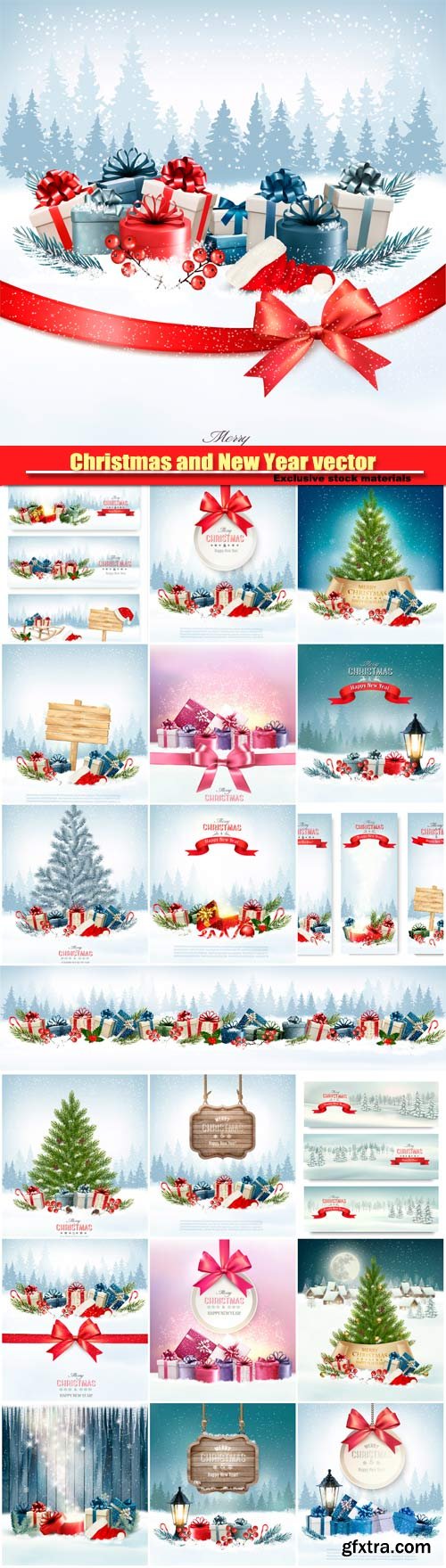 Christmas and New Year vector, holiday background, christmas tree and presents