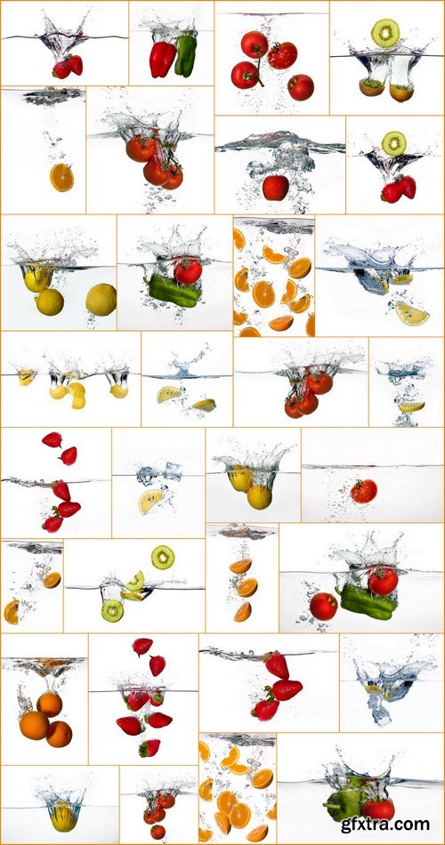 Water Splashes with Fresh Fruit, Berries and Vegetables - 32xUHQ JPEG Photo Stock