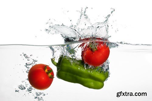 Water Splashes with Fresh Fruit, Berries and Vegetables - 32xUHQ JPEG Photo Stock