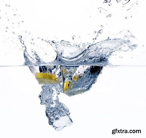 Water Splashes with Fresh Fruit, Berries and Vegetables - 32xUHQ JPEG Photo Stock