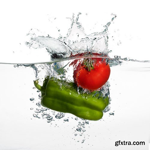 Water Splashes with Fresh Fruit, Berries and Vegetables - 32xUHQ JPEG Photo Stock